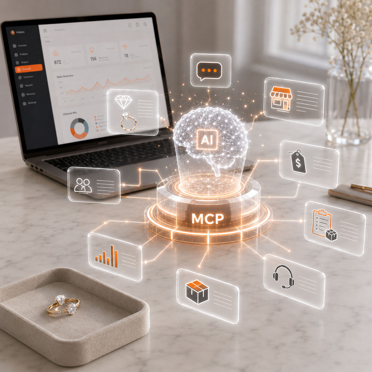 Valigara MCP connects AI agents with jewelry eCommerce automation software, enabling product content, pricing, orders, analytics, support, and multichannel operations.