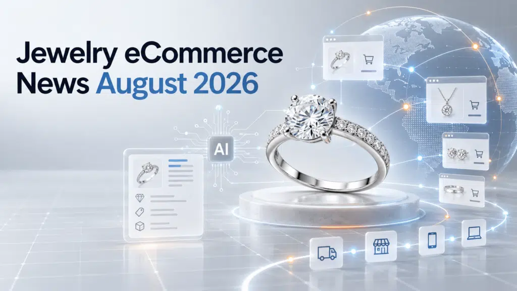 Jewelry eCommerce News August 2026 cover featuring a diamond ring, AI, product data, and global multichannel commerce.